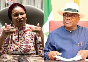 Photo combo of Ireti Kingibe and Nyesom Wike