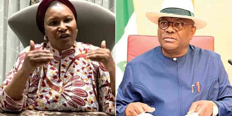 Photo combo of Ireti Kingibe and Nyesom Wike