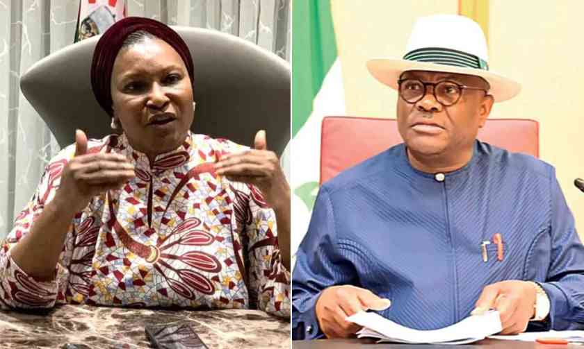 Photo combo of Ireti Kingibe and Nyesom Wike