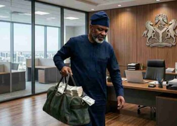 Photo of a politician holding a bag of money