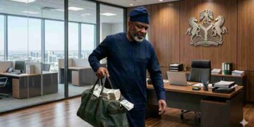 Photo of a politician holding a bag of money