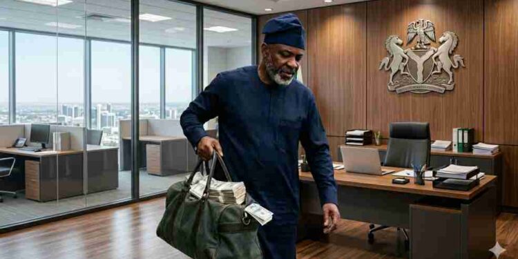 Photo of a politician holding a bag of money