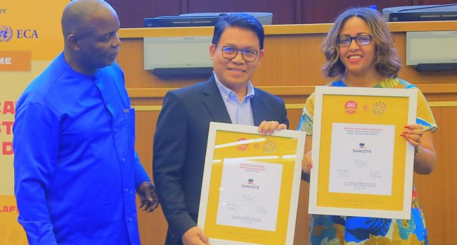 Dangote Industries Crowned Africa's Top Brand for Record Eighth Consecutive Year Founder and Chairman of Brand Africa Thebe Ikalafeng CEO Dangote Cement Ethiopia Danilo Trugillo