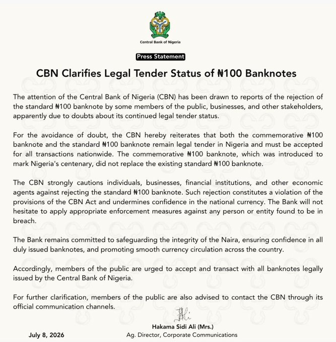 CBN Clarifies Confusion Over ₦100 Note 100 NOTE