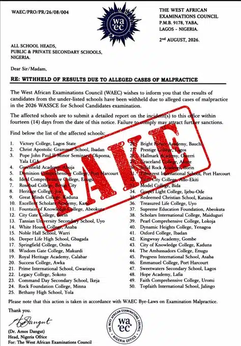 WAEC speaks on list Of 50 schools with withheld 2026 WASSCE results 2737133