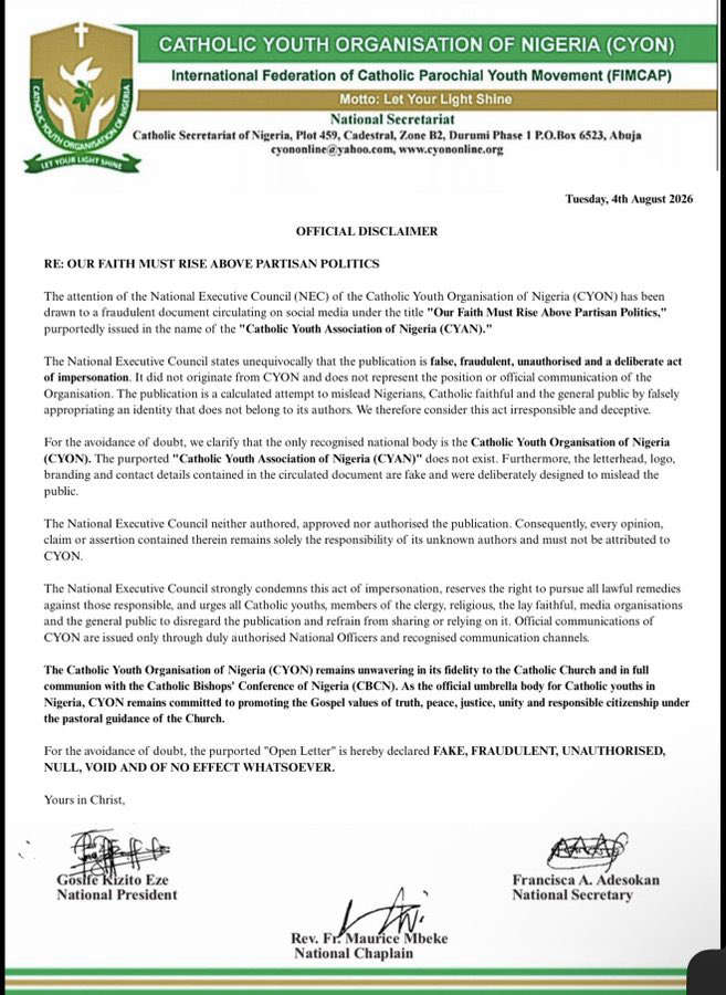 CYON Denies Issuing Political Statement, Warns Against Forged Document 6a730cfa8d4ed3f1ffe