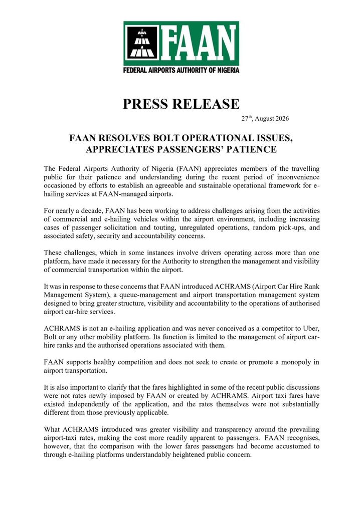 FAAN Settles Ride-Hailing Dispute at Nigerian Airports FAAN Bolt 1