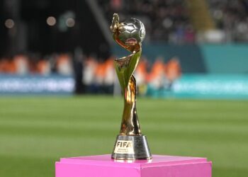 The Women's World Cup trophy is shown ahead of the Women's World Cup soccer match between New Zealand and Norway in Auckland, New Zealand, Thursday, July 20, 2023. (AP Photo/Abbie Parr)
