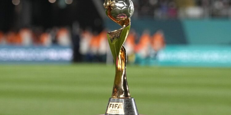 The Women's World Cup trophy is shown ahead of the Women's World Cup soccer match between New Zealand and Norway in Auckland, New Zealand, Thursday, July 20, 2023. (AP Photo/Abbie Parr)